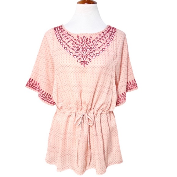 Anthropologie Embroidered Coral Peach Pastel Tie Waist Short Sleeve Kimono Top - Picture 2 of 11